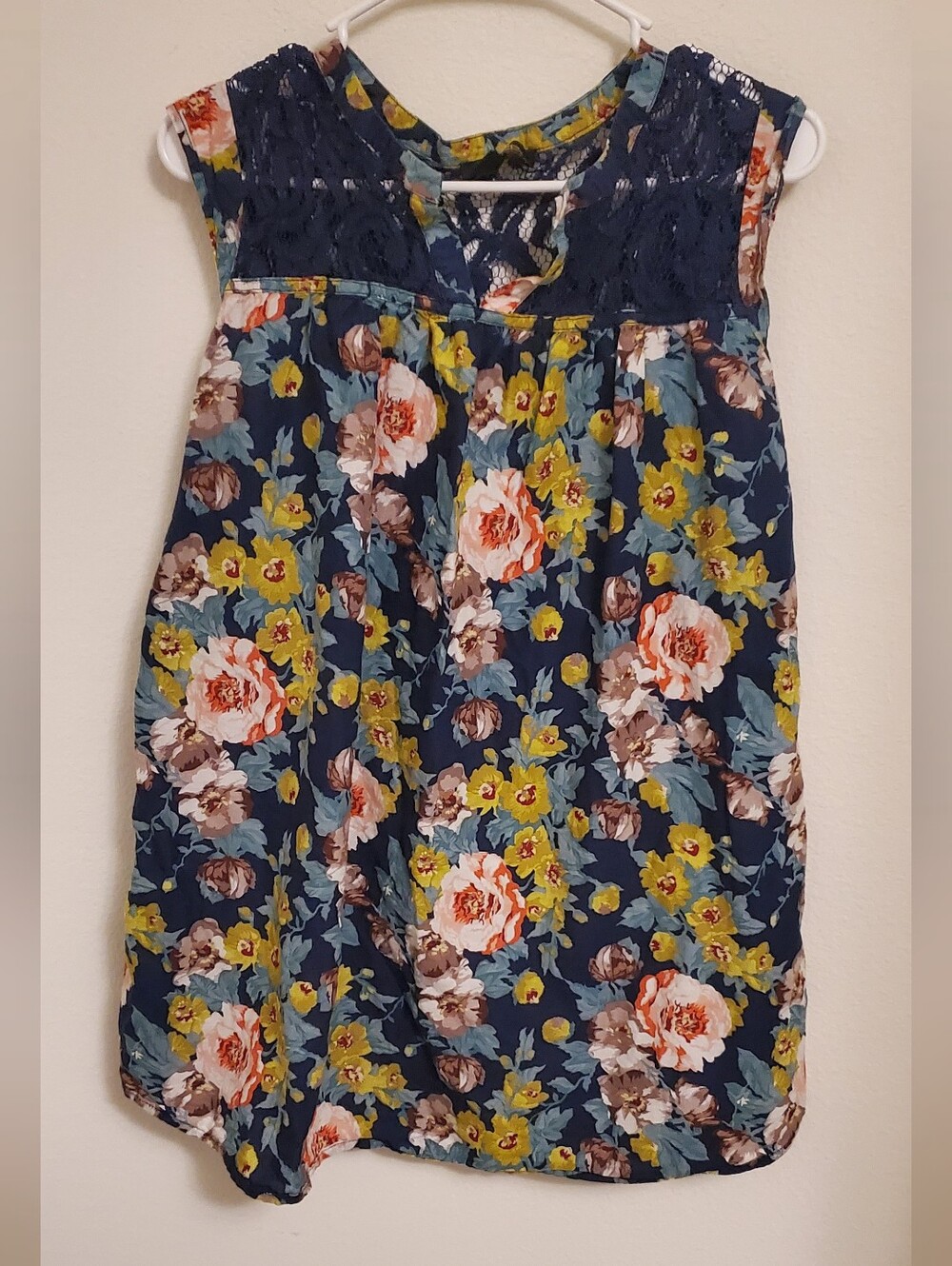 Suzanne Betro Navy and Yellow Floral Blouse Casual Boho Flowy Peasant Breezy XL